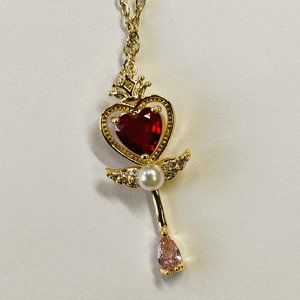 Gold 1.8 ct Ruby and Pearl Pink Quartz Scepter with Round Cut Zircon Floater Pen